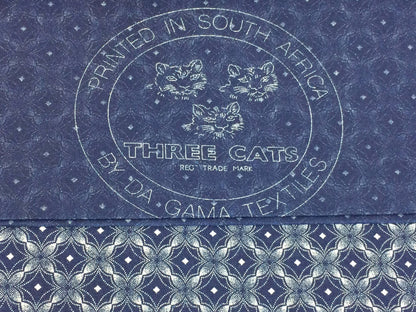 South African Shweshwe Fabric by the YARD. DaGama Three Cats Indigo Lacey Diamonds. Cotton Print Fabric for Quilting, Apparel, Home Décor.