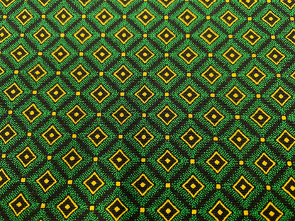 South African Shweshwe Fabric by the  YARD. DaGama 3 Cats Mosaic Green, Gold, Black. Cotton Fabric for Quilting, Apparel, Home Decor
