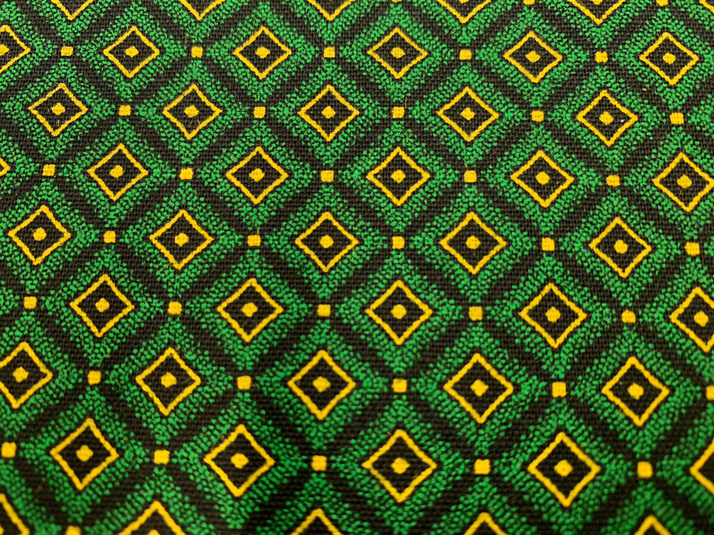 South African Shweshwe Fabric by the  YARD. DaGama 3 Cats Mosaic Green, Gold, Black. Cotton Fabric for Quilting, Apparel, Home Decor
