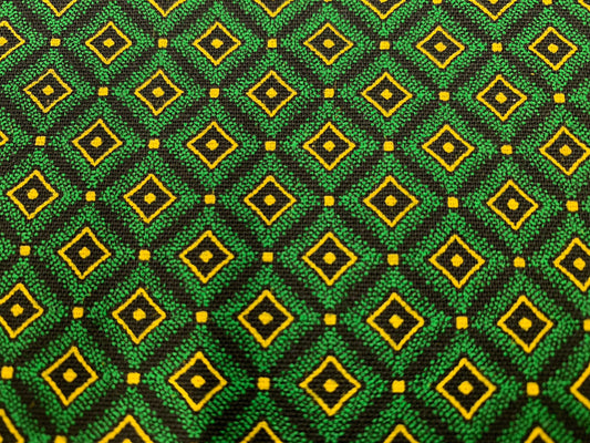 South African Shweshwe Fabric by the  YARD. DaGama 3 Cats Mosaic Green, Gold, Black. Cotton Fabric for Quilting, Apparel, Home Decor