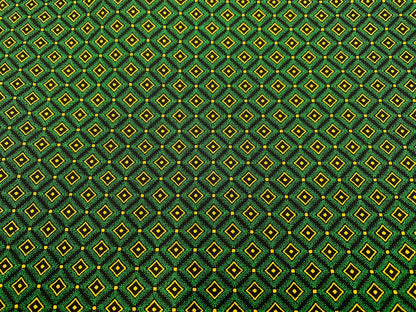 South African Shweshwe Fabric by the  YARD. DaGama 3 Cats Mosaic Green, Gold, Black. Cotton Fabric for Quilting, Apparel, Home Decor