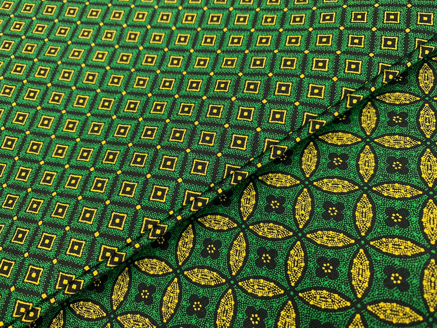 South African Shweshwe Fabric by the  YARD. DaGama 3 Cats Mosaic Green, Gold, Black. Cotton Fabric for Quilting, Apparel, Home Decor