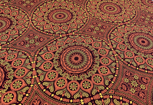 South African Shweshwe Fabric by the  YARD. DaGama 3 Cats Cinnamon & Gold Giant Mandala. Cotton Fabric for Quilting, Apparel, Home Decor