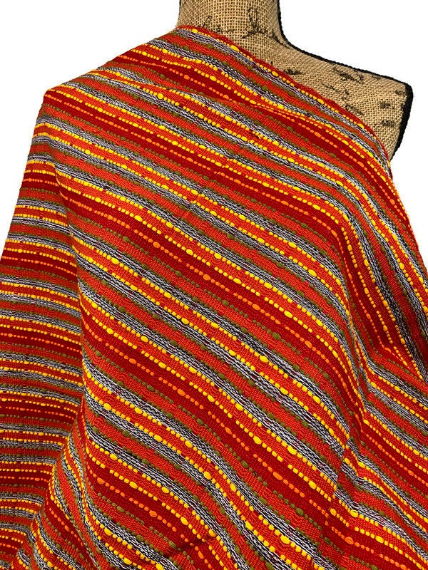 Guatemalan Handwoven Red Textured Boucle Striped Ikat
