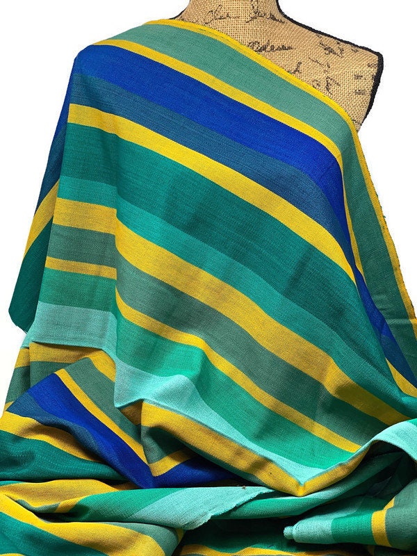 Guatemalan Handwoven Ikat Royal Blue, Green, Yellow Wide Stripes