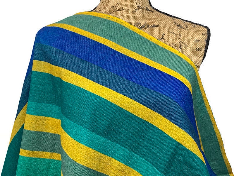 Guatemalan Handwoven Ikat Royal Blue, Green, Yellow Wide Stripes