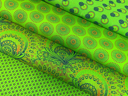 South African Shweshwe Fabric by the  YARD. DaGama Three Cats Lime Green Minarets. 100% Cotton Fabric for Quilting, Apparel, & Home Décor.