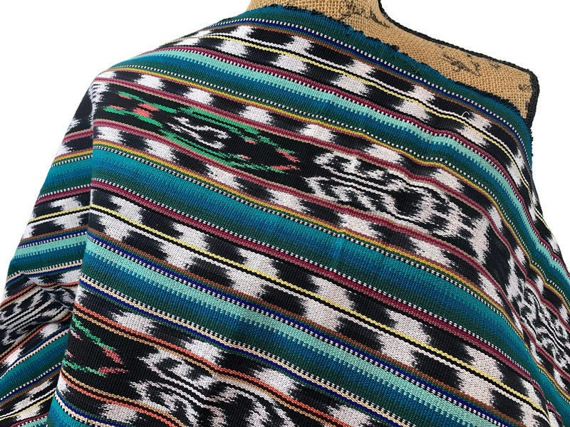 Guatemalan Handwoven Ikat Tribal Black/White/Turquoise Heavy Weight