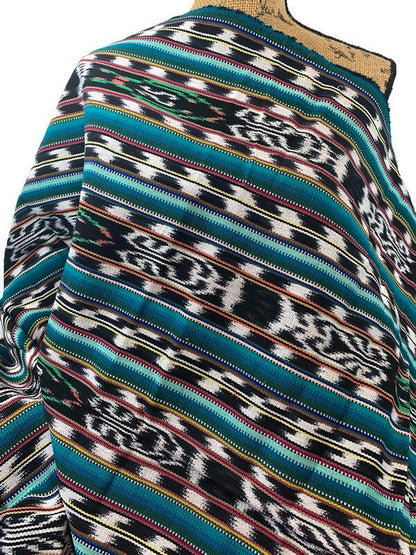 Guatemalan Handwoven Ikat Tribal Black/White/Turquoise Heavy Weight