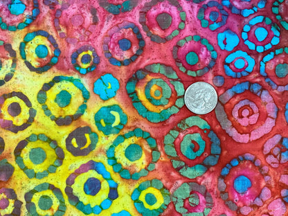 Hand Dyed Indian Batik Fabric in Rainbow Circles and Dots.  100% Cotton Fabric by the YARD for Quilting, Sewing, Apparel, Home Decor.