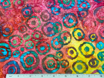 Hand Dyed Indian Batik Fabric in Rainbow Circles and Dots.  100% Cotton Fabric by the YARD for Quilting, Sewing, Apparel, Home Decor.