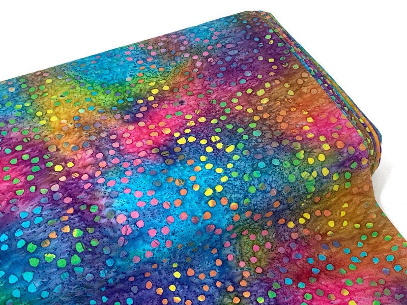 Indian Batik Fabric by the YARD. Hand Dyed Bright Rainbow with Dots Tie Dyed Fabric. 100% Cotton Fabric for Quilting, Apparel, Home Décor