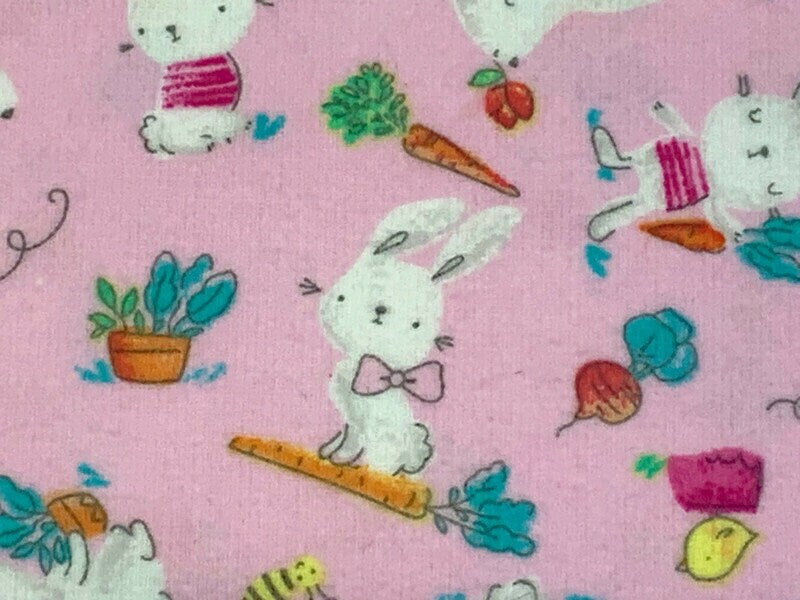 Flannel Bunny Fabric Sold by the YARD. 100% Cotton Easter Fabric. White Rabbits on Pink, Green Accents. For Quilts, Clothing, Nursery Décor.