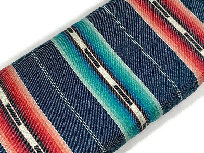 Southwest Style Stripes Woven Denim Blue, Turquoise, & Red