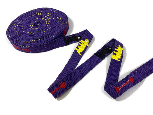 Guatemalan Belt, Purse Strap, Sash by the YARD. Hand Woven 1" Wide 100% Cotton Mayan Toto Belt Textile in Purple/Yellow/Black Cats & Arrows