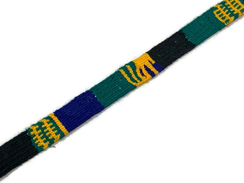 Hand Woven 1/2" Wide Guatemalan Belt, Hat Band, Purse Strap, Sold by the YARD. Cotton Mayan Toto Textile in Blue/Green/Gold/Black Stripes