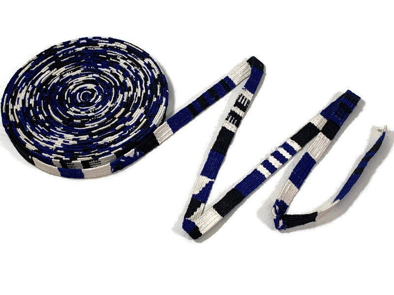 Guatemalan Belt, Purse Strap, Sash Sold by the YARD. Hand Woven 1/2 Inch Wide Cotton Mayan Toto Belt Textile in Blue/Black/White Stripes