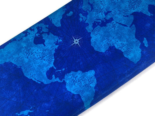 Vintage World Map Print Fabric Royal Blue & Turquoise