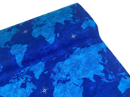 Vintage World Map Print Fabric Royal Blue & Turquoise