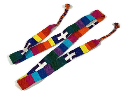 Guatemalan Hand Woven Belt--Rainbow Assorted Color Braided Tassel Ends. 1.25 Inch Wide x 46 Inch Long Cotton Mayan Toto Sash, Strap Textile.