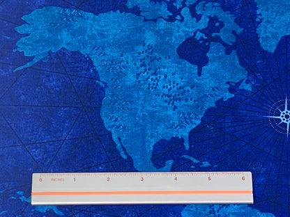 Vintage World Map Print Fabric Royal Blue & Turquoise
