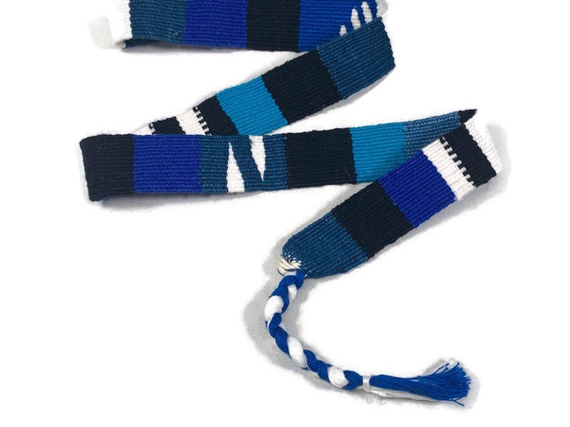 Guatemalan Hand Woven Belt in Turquoise Blue, Black & White, Braided Tassel Ends. 1" Wide x 46" Long Cotton Mayan Toto Sash, Strap Textile.