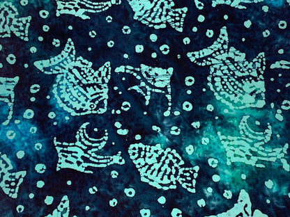 Dark Blue & Turquoise Indian Batik Fabric by the Yard. Fish, Sea Creatures, Ocean Theme 100% Cotton Batik for Quilting, Clothing, Home Décor