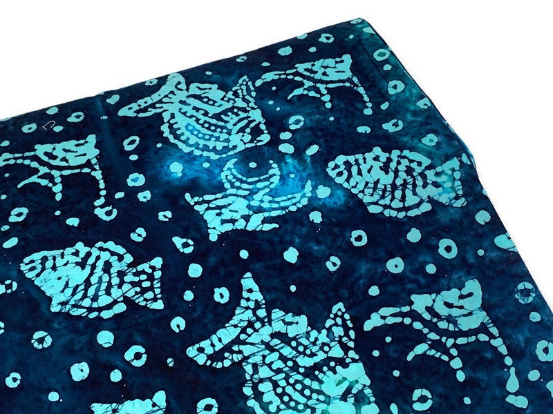Dark Blue & Turquoise Indian Batik Fabric by the Yard. Fish, Sea Creatures, Ocean Theme 100% Cotton Batik for Quilting, Clothing, Home Décor