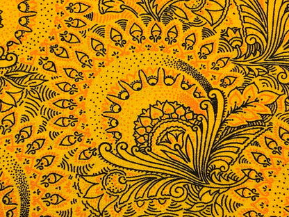 Yellow South African Shweshwe Fabric by the YARD. DaGama 3 Cats Large Yellow Large Paisley. Cotton Print Fabric for Quilting, Apparel, Décor