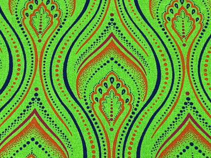 South African Shweshwe Fabric by the  YARD. DaGama Three Cats Lime Green Minarets. 100% Cotton Fabric for Quilting, Apparel, & Home Décor.