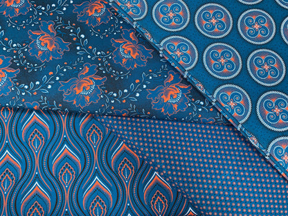 South African Shweshwe Fabric by the YARD. Da Gama Three Cats Turquoise & Orange Minarets. 100% Cotton Print for Quilts, Apparel, Décor.