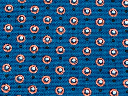 South African Shweshwe Fabric by the YARD. Da Gama Three Cats Turquoise & Orange Circled Dots. 100% Cotton Print for Quilts, Apparel, Décor.