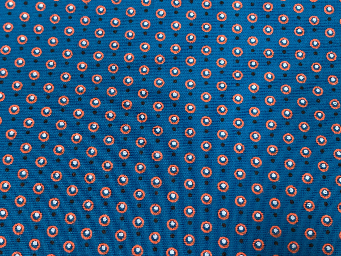South African Shweshwe Fabric by the YARD. Da Gama Three Cats Turquoise & Orange Circled Dots. 100% Cotton Print for Quilts, Apparel, Décor.