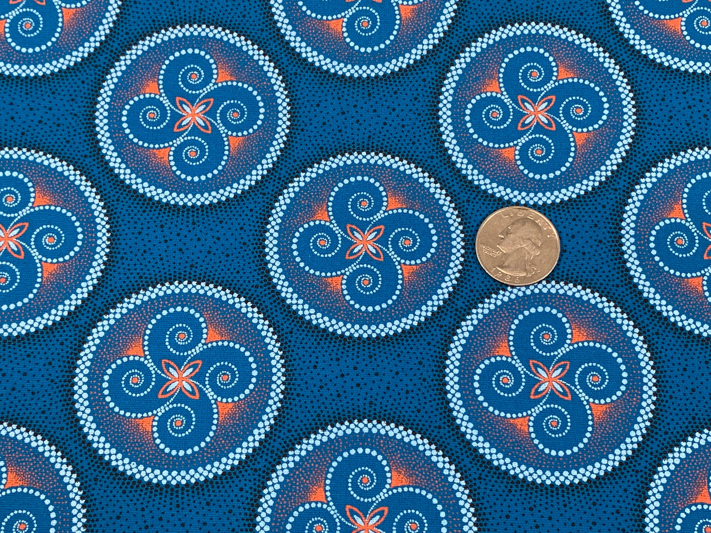 South African Shweshwe Fabric by the YARD. Da Gama Three Cats Turquoise & Orange Circle Dance. 100% Cotton Print for Quilts, Apparel, Décor.