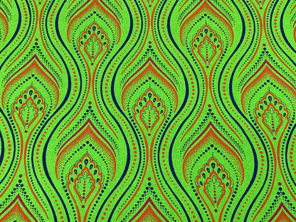 South African Shweshwe Fabric by the  YARD. DaGama Three Cats Lime Green Minarets. 100% Cotton Fabric for Quilting, Apparel, & Home Décor.