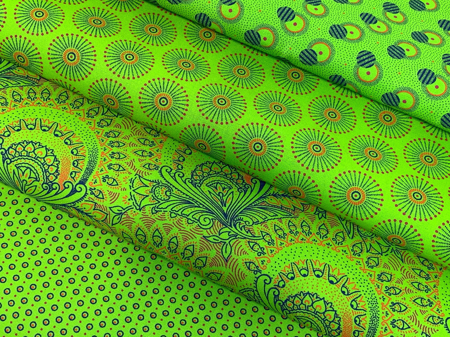 South African Shweshwe Fabric by the  YARD. DaGama Three Cats Lime Green Coronas. 100% Cotton Fabric for Quilting, Apparel, & Home Décor.