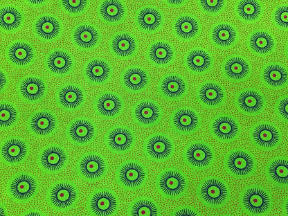 South African Shweshwe Fabric by the  YARD. DaGama Three Cats Lime Green Little Suns. 100% Cotton Fabric for Quilting, Apparel, & Home Décor