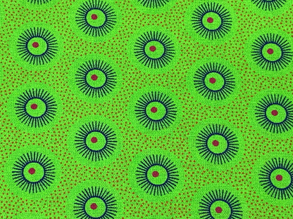 South African Shweshwe Fabric by the  YARD. DaGama Three Cats Lime Green Little Suns. 100% Cotton Fabric for Quilting, Apparel, & Home Décor