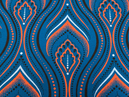 South African Shweshwe Fabric by the YARD. Da Gama Three Cats Turquoise & Orange Minarets. 100% Cotton Print for Quilts, Apparel, Décor.