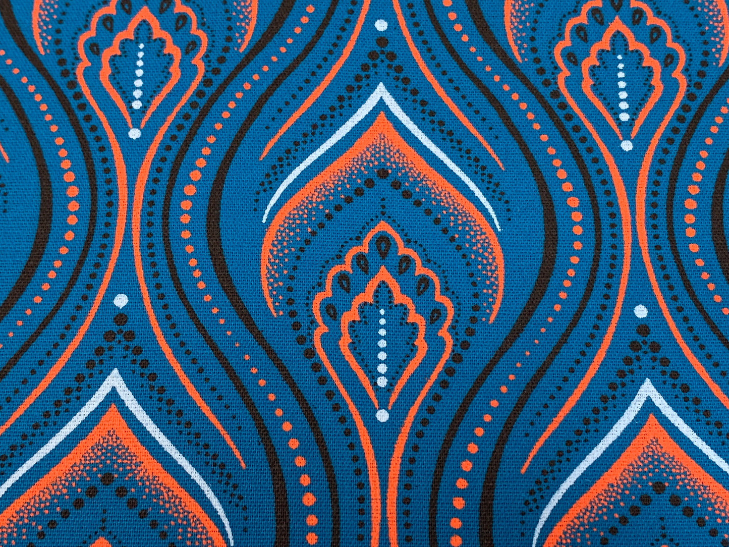 South African Shweshwe Fabric by the YARD. Da Gama Three Cats Turquoise & Orange Minarets. 100% Cotton Print for Quilts, Apparel, Décor.