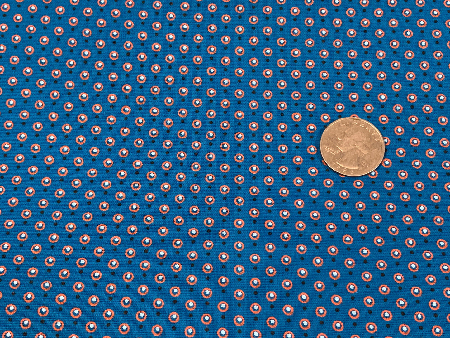 South African Shweshwe Fabric by the YARD. Da Gama Three Cats Turquoise & Orange Circled Dots. 100% Cotton Print for Quilts, Apparel, Décor.