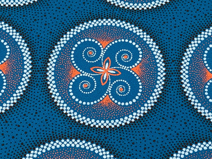 South African Shweshwe Fabric by the YARD. Da Gama Three Cats Turquoise & Orange Circle Dance. 100% Cotton Print for Quilts, Apparel, Décor.