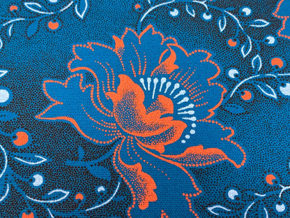 South African Shweshwe Fabric by the YARD. Da Gama Three Cats Turquoise & Orange Hibiscus. 100% Cotton Print for Quilts, Apparel, Décor.