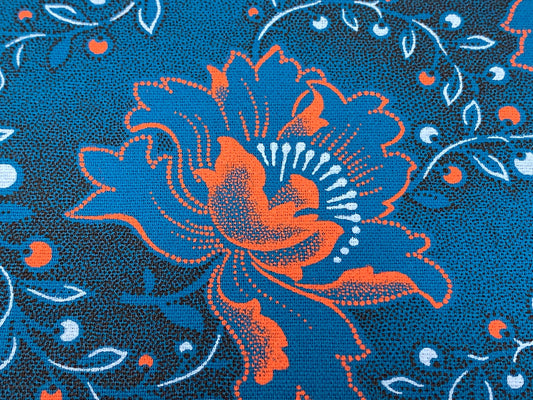 South African Shweshwe Fabric by the YARD. Da Gama Three Cats Turquoise & Orange Hibiscus. 100% Cotton Print for Quilts, Apparel, Décor.