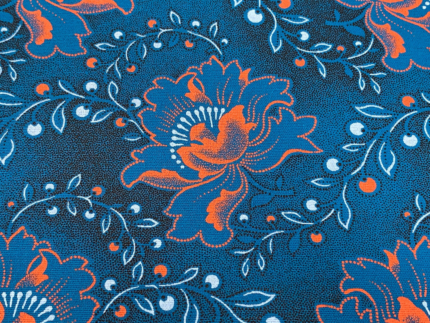 South African Shweshwe Fabric by the YARD. Da Gama Three Cats Turquoise & Orange Hibiscus. 100% Cotton Print for Quilts, Apparel, Décor.