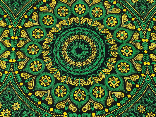 South African Shweshwe Fabric by the YARD. DaGama 3 Cats Green, Gold, Black Giant Mandala. Cotton Fabric for Quilting, Apparel, Home Decor.