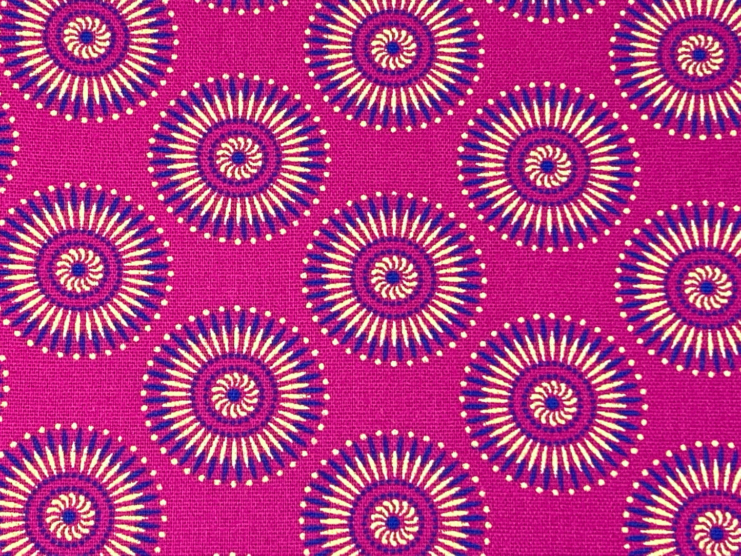 South African Shweshwe Fabric by the YARD. DaGama 3 Cats Pink, Royal Blue, Yellow Little Radiant Daisies. Cotton for Quilts, Apparel, Decor