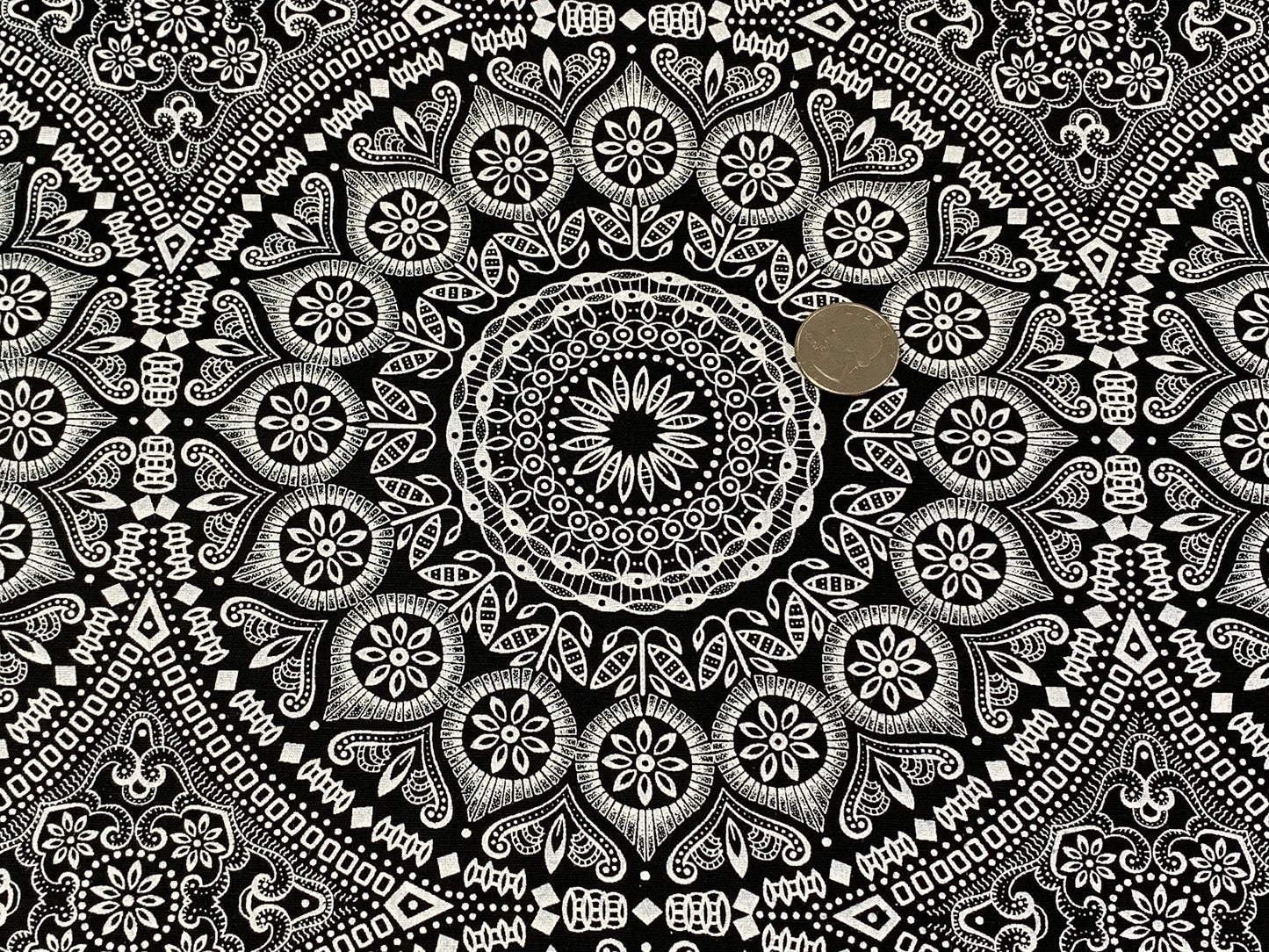 South African Shweshwe Fabric by the YARD. DaGama 3 Cats Black & White Giant Mandalas. 100% Cotton Fabric for Quilts, Apparel, Home Decor